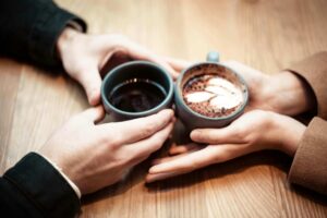 Birdseye view of couple on coffee date